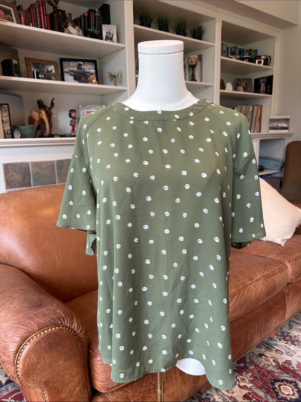 🌸3 FOR $20🌸 
Sara Michelle Olive Green Polka Dot Short Sleeve Tee